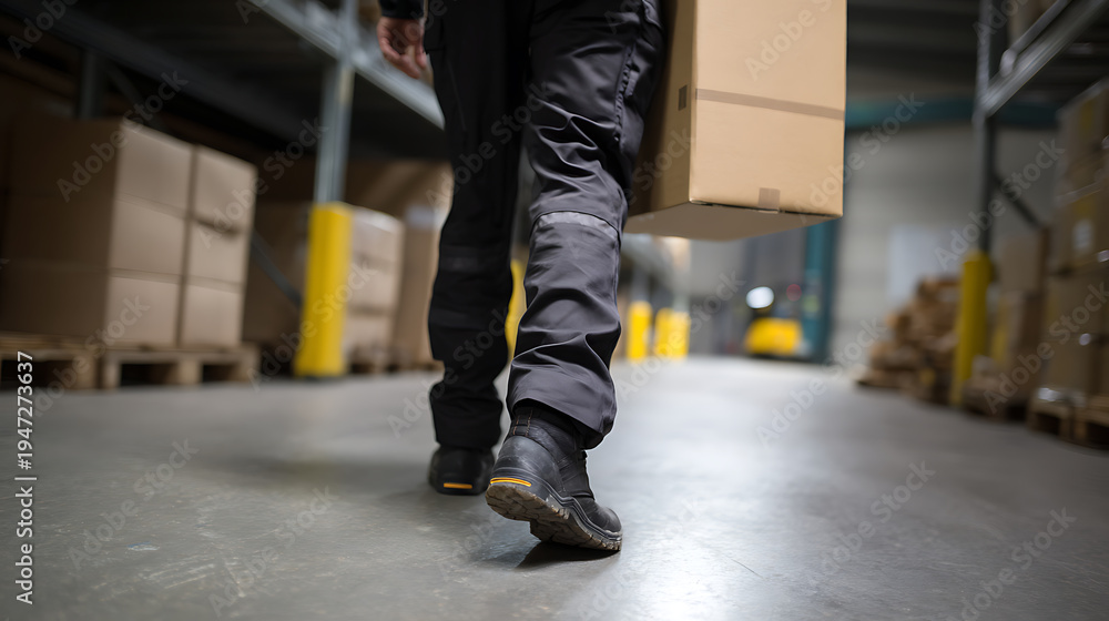 Fototapeta premium Industrial warehouse worker in dark workwear carries a single brown cardboard box through a large storage facility, lower body focus