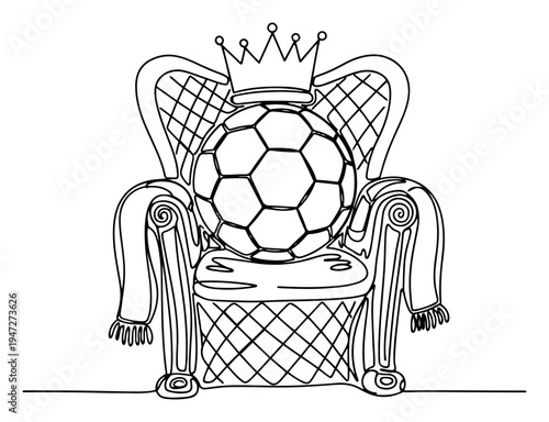 Soccer ball wearing crown sitting on royal throne in continuous line art style