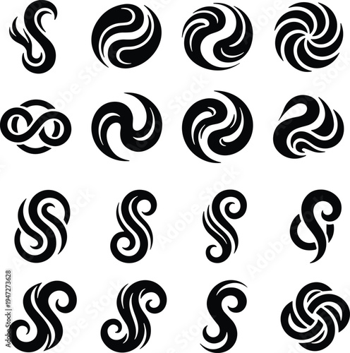 Abstract swirl vector illustration collection, sixteen black icons showing dynamic curved shapes resembling waves, flames, and rotational motion