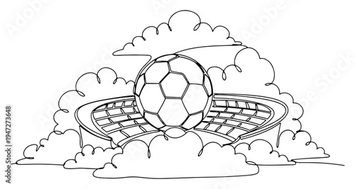 Soccer ball sitting inside stadium arena surrounded by clouds in line art style