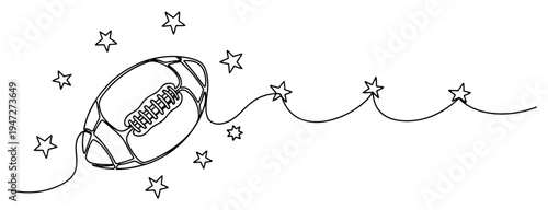 American football ball flying with stars trail in continuous line art style