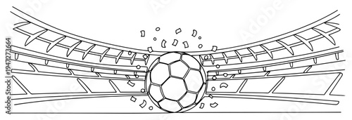 Soccer ball inside a stadium with celebration confetti in continuous line art style