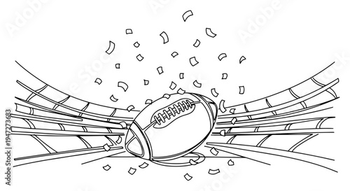 American football ball inside a stadium with celebration confetti in continuous line art style