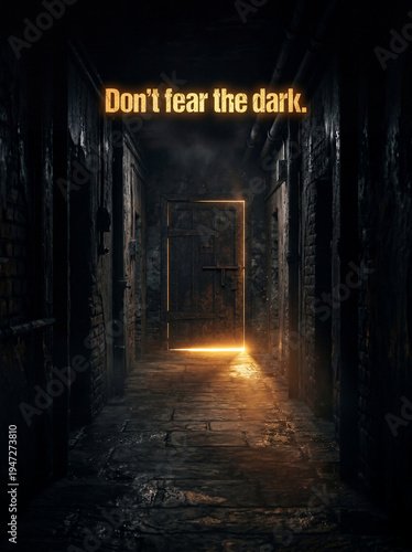 Warm golden light spilling from under an iron door at the end of a dark hallway, illustrating that rewards lie on the other side of fear.