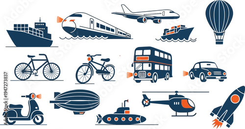 Transportation modes and vehicles icon set