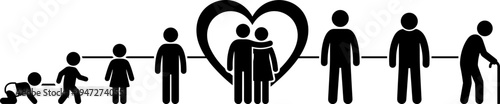 Human life cycle silhouette icon set vector illustration featuring stages from infancy to old age with relationship symbols