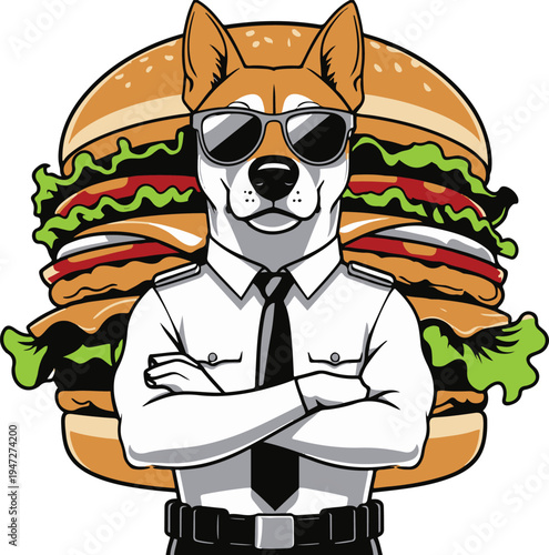 Dog security guard protecting a giant burger with sunglasses and crossed arms, minimal vector mascot, bold thick black outline, white background 1