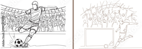 Detailed brown line art vector of a soccer player striking a ball toward a goal. Includes a cheering stadium crowd in the background, capturing a high-stakes moment of a competitive match.