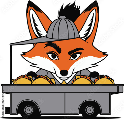 Fox street food vendor secretly tasting tacos from his own food cart, clean minimal vector sticker, bold black outline, white background 1