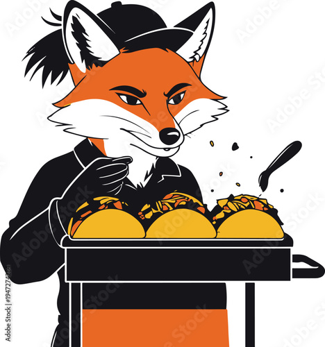 Fox street food vendor secretly tasting tacos from his own food cart, clean minimal vector sticker, bold black outline, white background