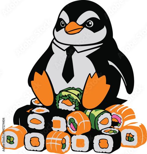 Penguin businessman negotiating while sitting on a pile of sushi rolls, clean minimal vector sticker style, bold black outline, white background 1