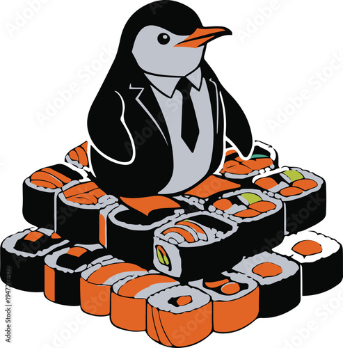 Penguin businessman negotiating while sitting on a pile of sushi rolls, clean minimal vector sticker style, bold black outline, white background