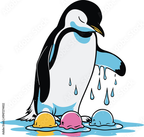  Penguin ice cream seller sadly watching his ice cream melt, minimal vector mascot, bold thick black outline, white background 1