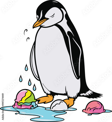 Penguin ice cream seller sadly watching his ice cream melt, minimal vector mascot, bold thick black outline, white background 2