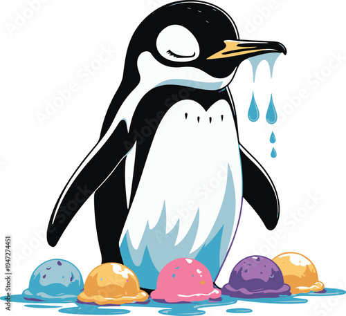 Penguin ice cream seller sadly watching his ice cream melt, minimal vector mascot, bold thick black outline, white background