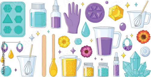 Resin Art and Epoxy Craft Supplies Vector Set Featuring Silicone Molds Mixing Cups Gloves Pigments Glitter Crystals and Jewelry Making Elements