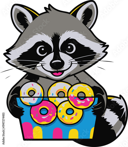 Raccoon thief stealing donuts from bakery box with sneaky smile, minimal vector mascot, bold thick black outline, sticker style, white background 1