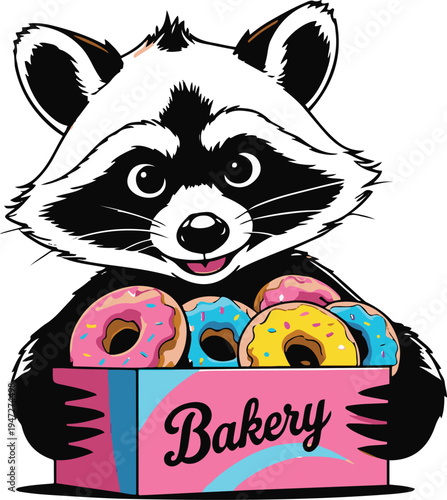 Raccoon thief stealing donuts from bakery box with sneaky smile, minimal vector mascot, bold thick black outline, sticker style, white background 2