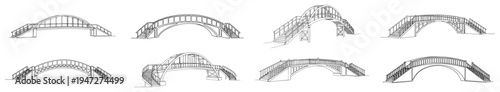 Arched bridge collection with various designs for garden or park landscape in minimalist continuous line art style