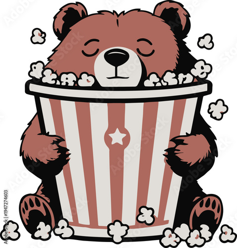 Bear movie watcher buried under giant popcorn bucket, minimal vector sticker design, bold black outline, white background 2