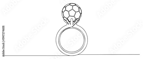 Engagement ring with soccer ball instead of gemstone in minimalist continuous line style