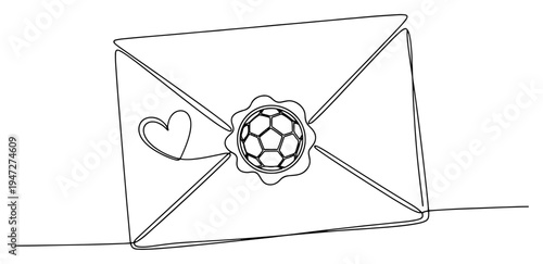 Envelope with heart and soccer ball wax seal in minimalist continuous line style
