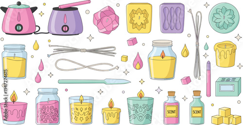 Candle Making Craft Supplies Vector Set Featuring Wax Melting Pots Candle Jars Wicks Fragrance Oils Wax Cubes and Handmade Candle Tools
