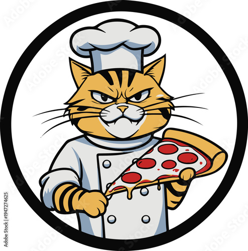 Cat chef angrily guarding a pizza slice like treasure, cartoon vector mascot, bold black outline, minimal sticker design, white background 1