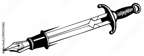 Fountain pen nib as sword blade concept in vintage woodcut engraving style