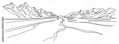 Mountain valley landscape with winding river between high peaks in minimalist line art style