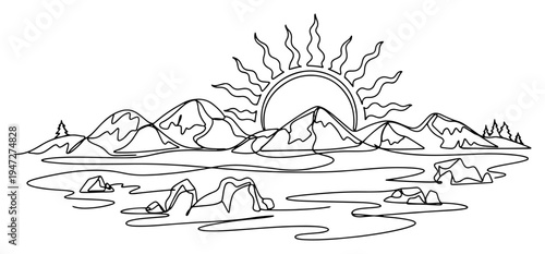 Sun rising behind mountain peaks over calm lake in continuous line art style