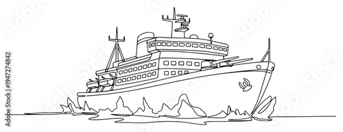 Large icebreaker vessel breaking through thick ice on frozen ocean in detailed line art style