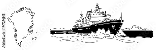 Icebreaker ship navigating through frozen arctic sea near Greenland map outline in minimalist line art style