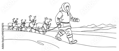 Explorer in winter parka walking with reindeer through snowy arctic mountains in minimalist continuous line art style