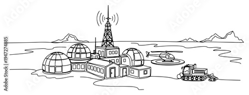 Polar research station with dome buildings and helicopter in arctic landscape in minimalist continuous line art style