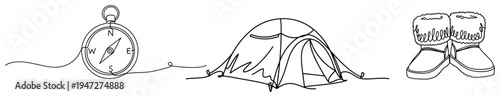 Compass tent and winter hiking boots equipment for arctic expedition or camping in minimalist continuous line art style