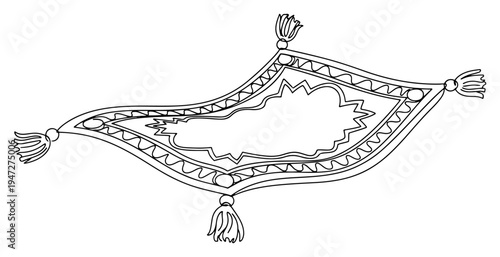 Magic flying carpet with oriental patterns and tassels in minimalist line art style