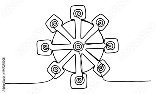 Dharmachakra wheel of dharma spiritual symbol in minimalist continuous line art style