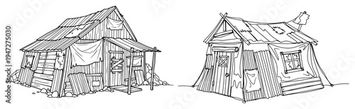 Abandoned wooden shacks and derelict huts in minimalist line art style