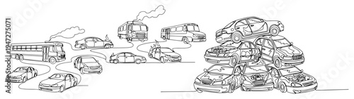 Junkyard with abandoned car wrecks and old buses in continuous line art style