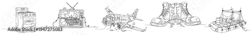 Post-apocalyptic survival objects collection including crashed plane and broken electronics in line art style