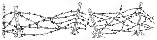 Barbed wire fence on wooden posts protecting a restricted area in detailed line art style