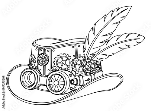 Steampunk top hat with gears goggles and feathers in clean line art style