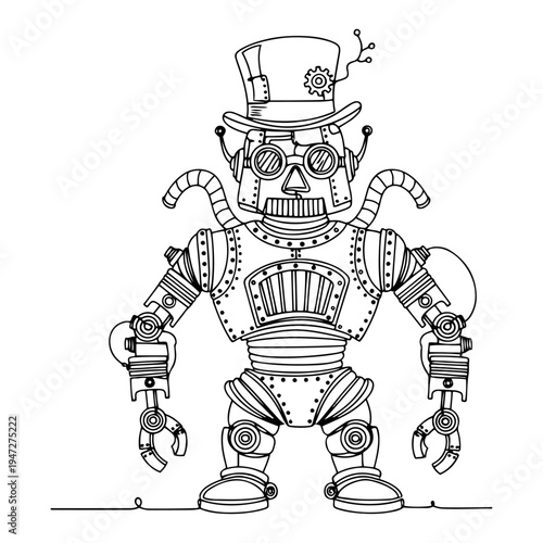 Steampunk robot character wearing top hat and goggles in clean line art style