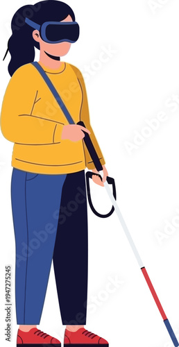 A woman with a yellow sweater and blue jeans using a white cane