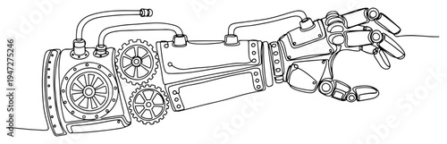 Steampunk robotic arm with gears and mechanical details in minimalist continuous line art style
