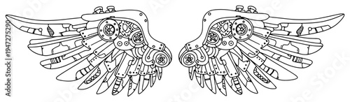 Steampunk mechanical wings with gears and feathers in clean line art style