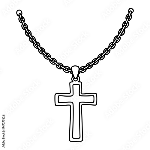 Christian cross pendant on metal chain in clean line art style
