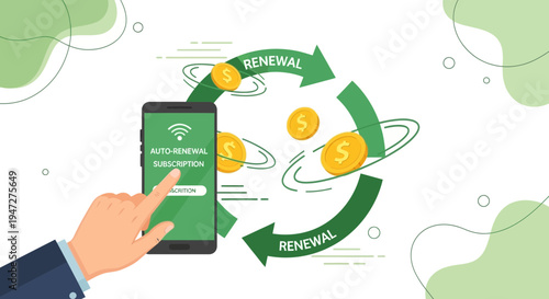Auto Renewal Subscription on Smartphone Screen with Money and Cycle Arrows