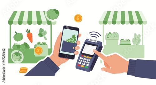 Contactless payment at farmers market with smartphone and payment terminal